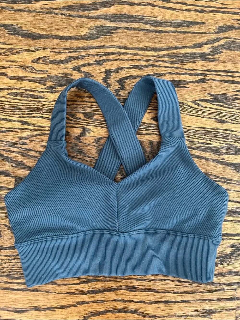 ALO Yoga Ribbed Cross-Strap Sports Bra in Deep Jade Blue “Emulate Bra”